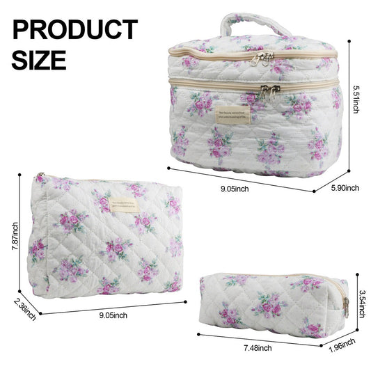 Quilted Floral Makeup Bag Set 3PCS Large Capacity Dual Layer Cotton Cosmetic Bags Coquette Aesthetic Travel Toiletry Organizer Gift for Women Girls Blue Rose Pink