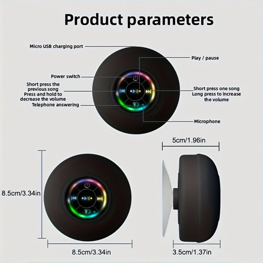 Bathroom Shower Speaker with LED Light – Wireless Bluetooth Speaker, USB Rechargeable 400mAh Battery, Suction Cup Mount, Button Control, Waterproof Design for Shower, Bath & Indoor Use