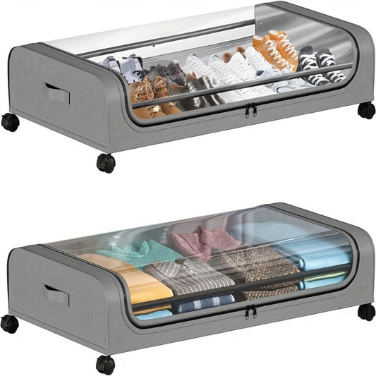 Under Bed Storage Organizer with Wheels & Lid - Metal Rolling Bins for Clothes Bedding Shoes Blankets Books (2pcs)