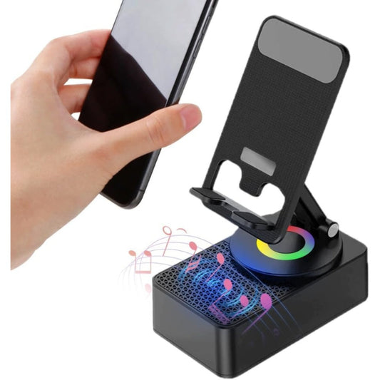 Induction Wireless Speaker Phone Holder Stand 3-in-1 – Foldable Tabletop Mount with Stereo Bass Amplifier, High-Capacity Emergency Battery, Compatible with iPhone & Android Tablets and Smartphones