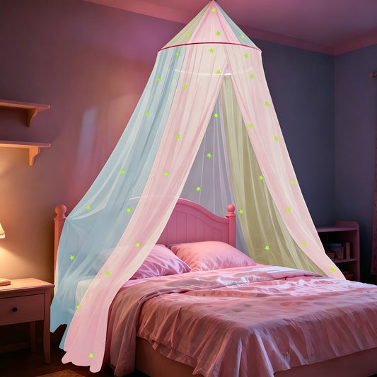 Bed Canopy for Girls Princess Rainbow Glow in the Dark Stars Colorful Canopy Curtain Fits Single Full Queen Size Bed Kids Room Decor Ceiling Tent Netting Machine Washable