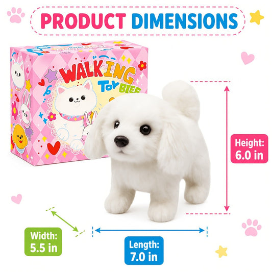 Plush Toy – White Electronic Puppy with Walking, Barking, Tail-Wagging Action, Leash and Bow