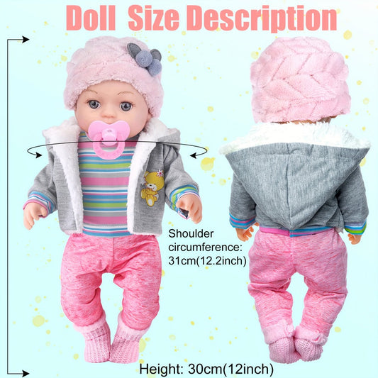 Baby Doll Playset 12 Inch with Clothes Accessories Complete Nurturing Toy Set Hat Coat Romper Tableware Feeding Bottle Pacifier Gift for Girls Toddlers Kids Ages 3+