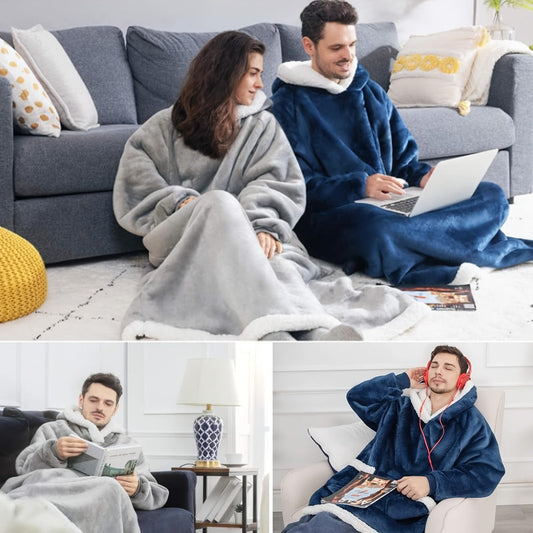 Wearable Blanket with Sleeves – Oversized Long Flannel Hoodie Sweatshirt Pullover for Women & Men, Giant TV Blanket, 2 Colors