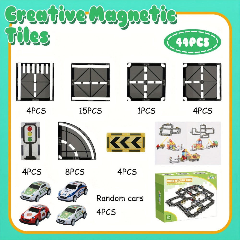 44-Piece Magnetic Road Tile Set with Pictured Cars, Signs, Signals and Black-and-White Track Sections