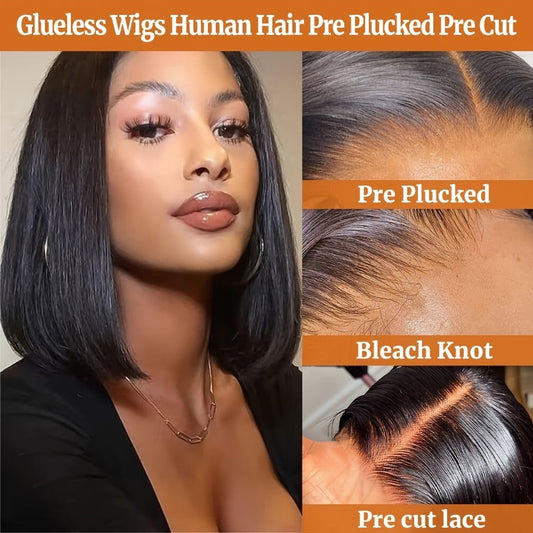 Bob Wig Human Hair 4x4 HD Lace Closure Glueless Short Straight Pre-Plucked Pre-Cut Lace Put On and Go Natural Black Natural Hairline Women 8 10 12 14 Inch Beginner Friendly