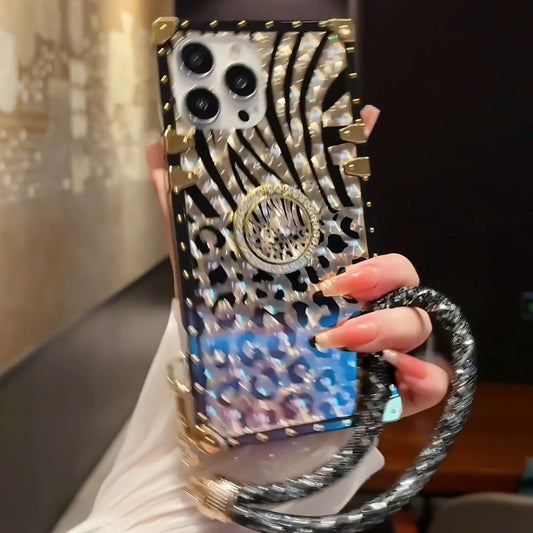 Leopard Print Samsung Galaxy Case Ring Holder Kickstand Anti-Drop Rectangular Cover for Galaxy S25 Ultra Plus S24 Ultra Plus FE S23 Ultra S22 Ultra S21 Ultra A56 A55 A54 A36 A35 A16 A15 A14 – Fashion Girly