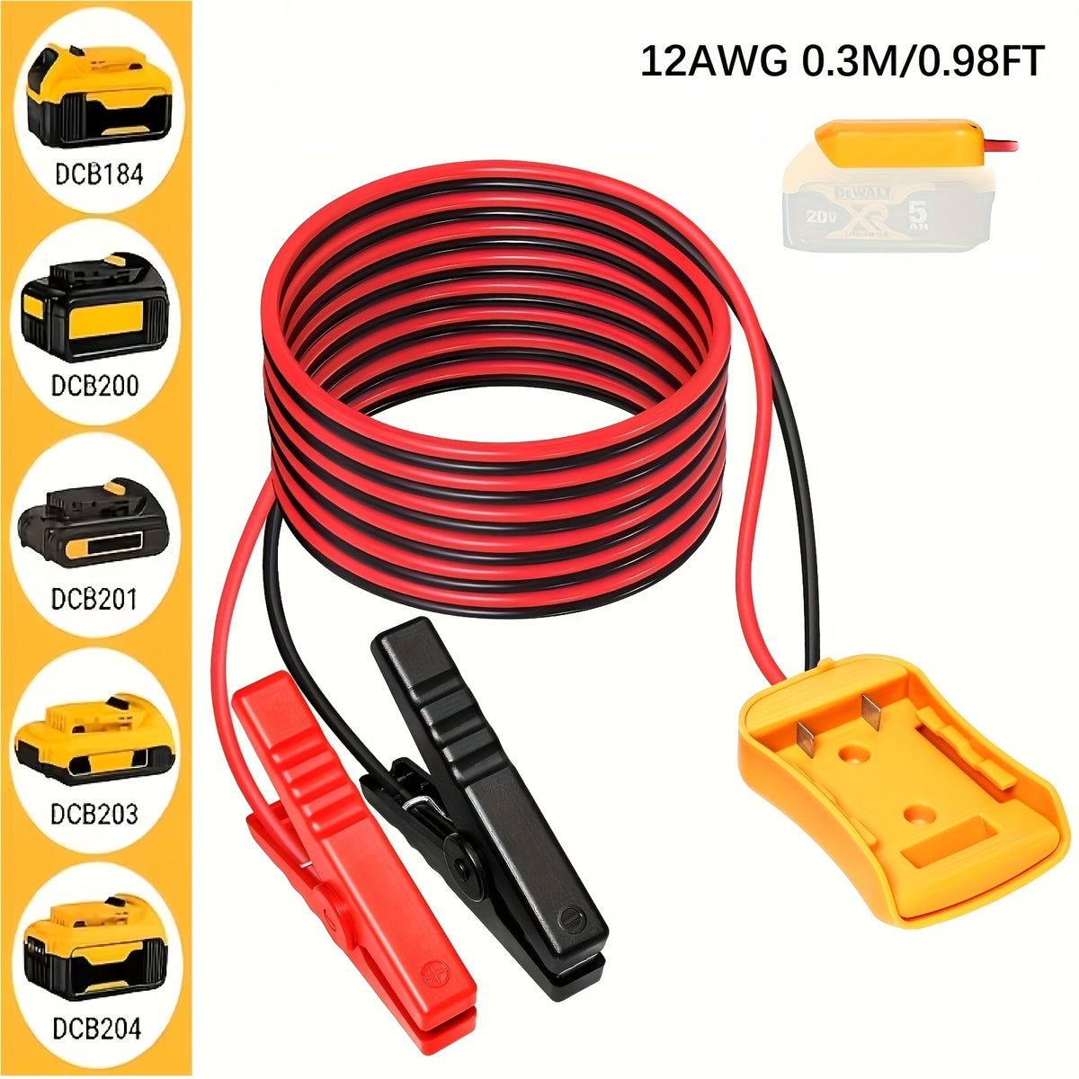 Jump Starter Cable with Adapter for DeWalt 18V 20V DCB Battery 0.98Ft & 6.56Ft Portable Car Emergency Start Kit ABS Housing - Battery Not Included