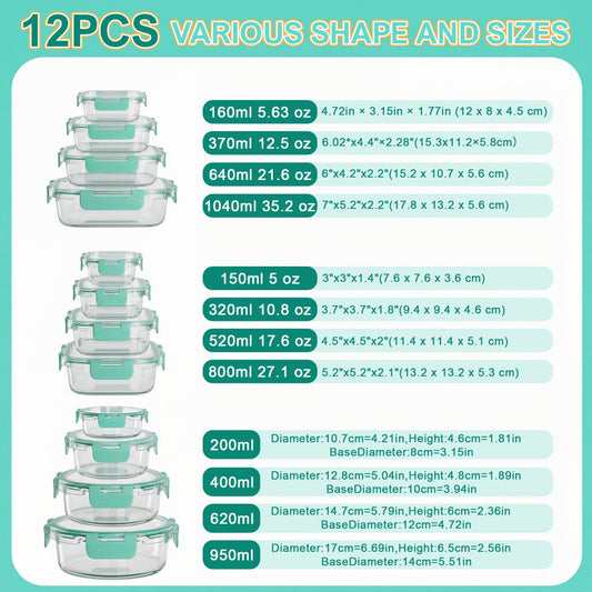 Food Storage Containers Borosilicate Glass Set with Locking Lids in 10-, 12- or 17-Piece Color Options