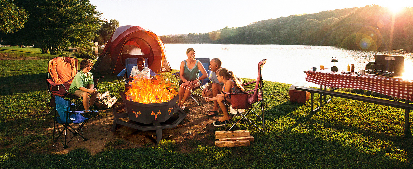 35-Inch Octagonal Wood-Burning Fire Pit with Spark Screen, Poker, Fire Grate and Wide Safety-Ledge Frame