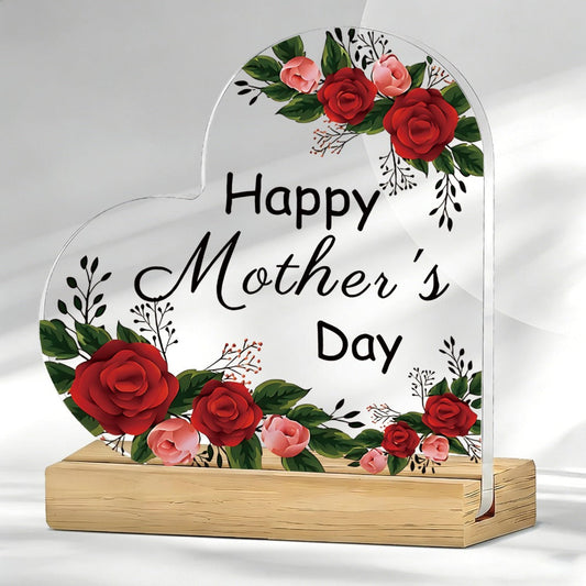 Mother's Day Heart-Shaped Acrylic Sign with Wooden Base | Floral Desktop Ornament for Home Living Room Bedroom | Heartwarming Mom Gift for Mother's Day Celebration Table Decor