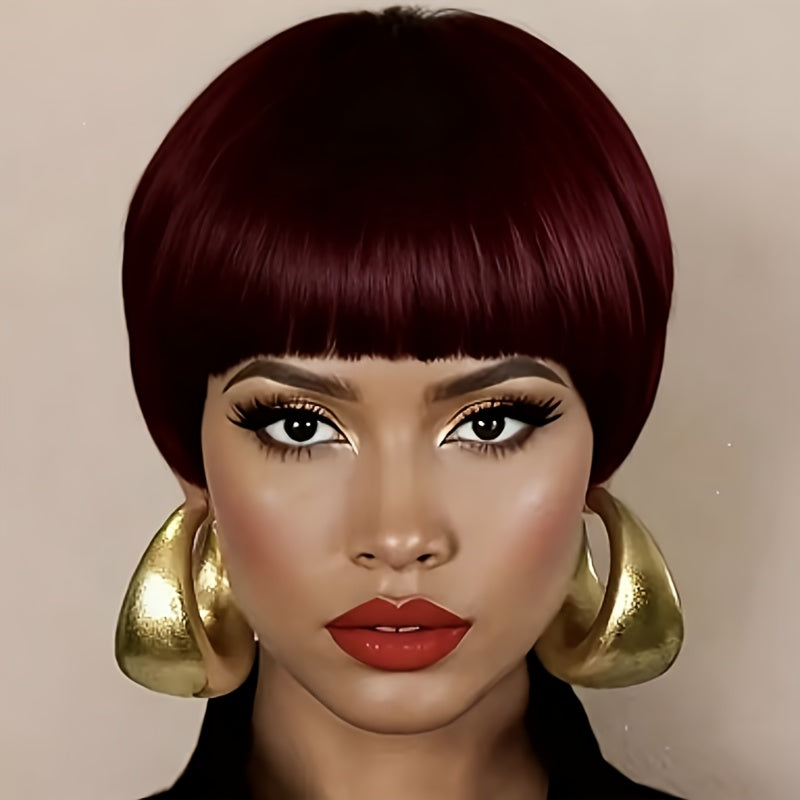 6-Inch Pixie Cut Human Hair Wig with Full Bangs, 180% Density and Black or Burgundy Color Selections