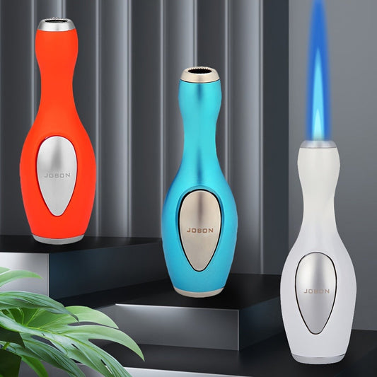 Windproof Butane Lighter - Refillable Zinc Alloy Jet Blue Flame Lighter with One-Button Adjustable Flame, Bowling Design Metal Lighter for Outdoor, Camping & Everyday Use (Butane Not Included)