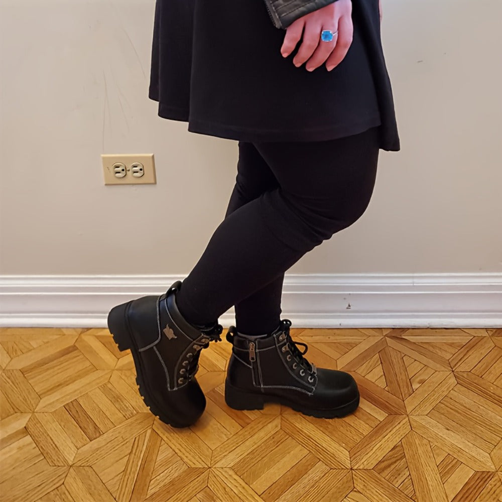 Women's Motorcycle Riding Boots, Low Heel Lace-Up Ankle Booties with Side Zipper, Non-Slip Rubber Sole Biker Combat Boots in Black Faux Leather, All-Season, US Sizes 6–11