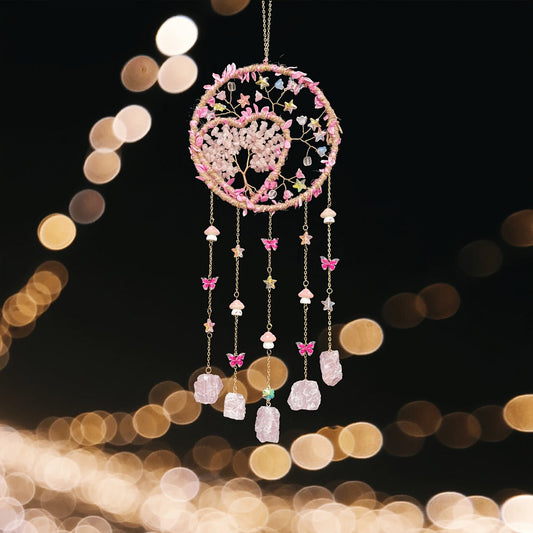 Boho Crystal Wall Hanging Decor – Handmade Stone Bead Wind Chime with Colorful Gemstone Heart & Circular Crystal Pendant for Bedroom Living Room Christmas Mother's Day Thanksgiving Gift (Purple/Pink/Green)