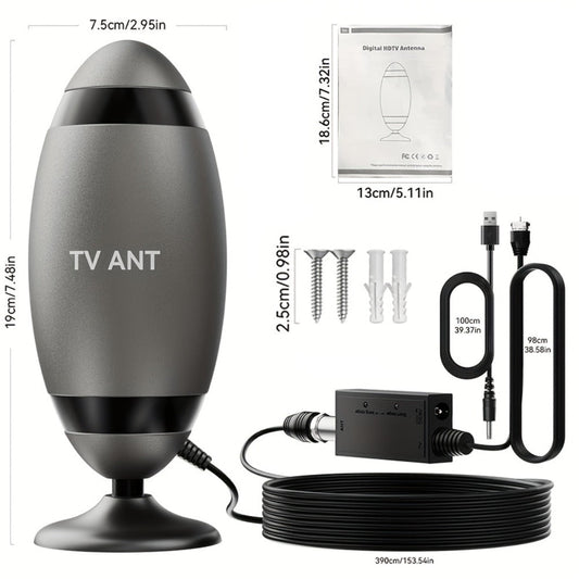 TV Antenna with Metal Oval Receiver, USB-Powered Inline Module, Coaxial Cable and Wall-Mount Hardware