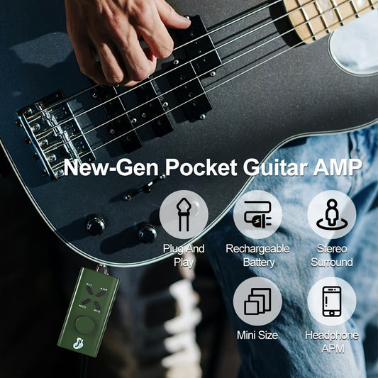 JUSTPRO Pocket Guitar Headphone Amp with 6 Amp Modules and 24 Guitar Effects, Mini USB Rechargeable Portable Plug-In Guitar Amplifier for Electric Guitar Silent Practice