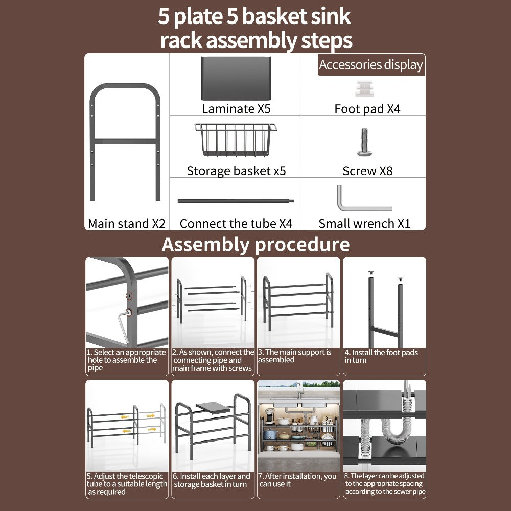 Expandable Two-Tier Under-Sink Organizer with Five Panels, Five Baskets and Exact Black Configuration