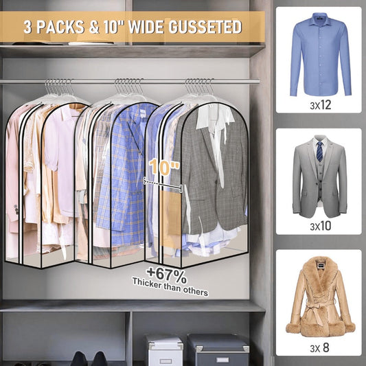 Garment Bags for Hanging Clothes, 3-Pack Transparent Suit Bags with Zipper, Heavy Duty EVA Coat Covers for Wardrobe Closet Storage, Fits 32 40 50 60 Inch Dresses Shirts Coats