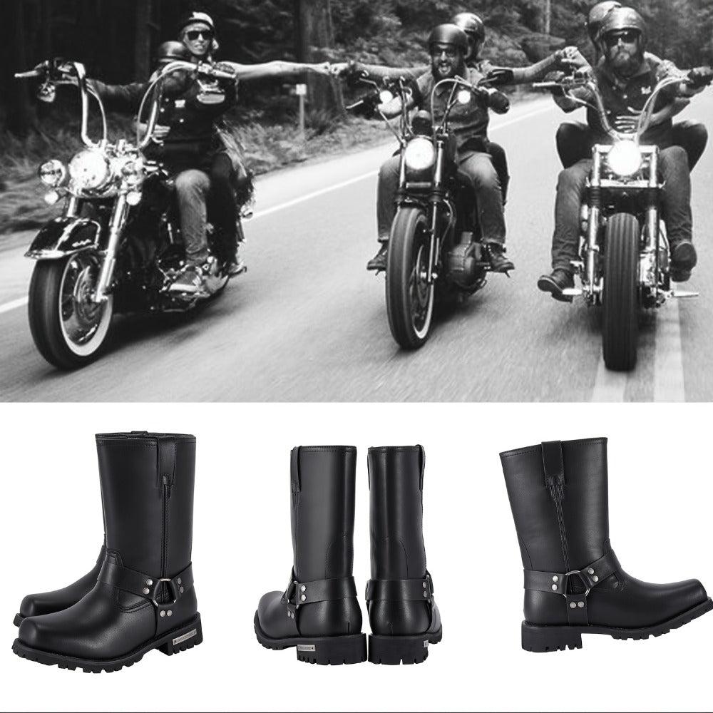 Men's Motorcycle Boots 11" Harness – PU Leather Non-Slip Square Toe Mid-Calf Biker Boots, Abrasion Resistant All-Season Riding Boots, Sizes US 8 to US 14, Black