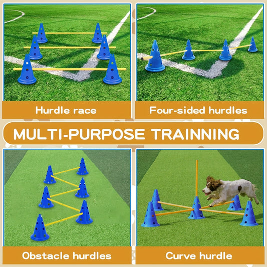 Dog Agility Training Set – Height Adjustable Hurdle Cones & Weave Poles Obstacle Course Kit with Storage Bag for Dogs of All Sizes, 18 Poles + 12 Barrels