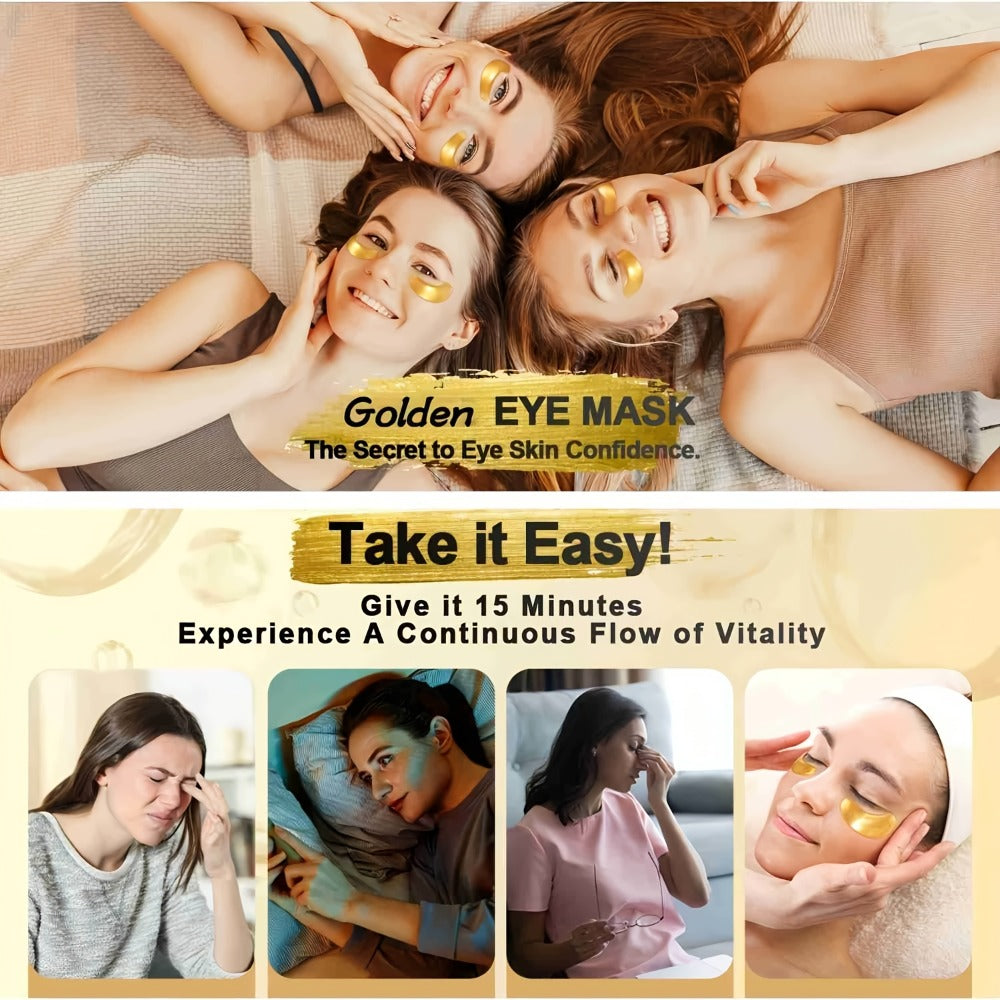 50-Pair Gold-Tone Under-Eye Patch Box with Individual Pouches and Collagen, Hyaluronic Acid and Glycerin Wording