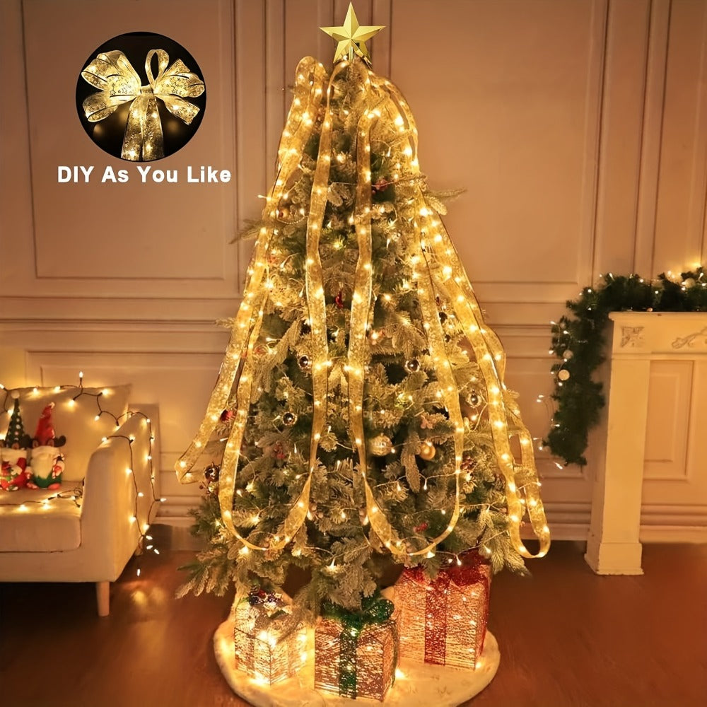 String Lights, 32.8-Foot Golden Warm White Ribbon Garland with Battery Power for Indoor Holiday Decor