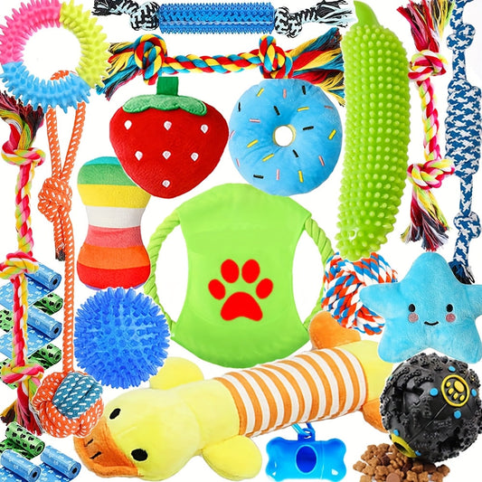 Dog Toys 25-Piece Activity Set with Rope, Squeaky, Tug, Teething and Treat-Dispenser Pieces