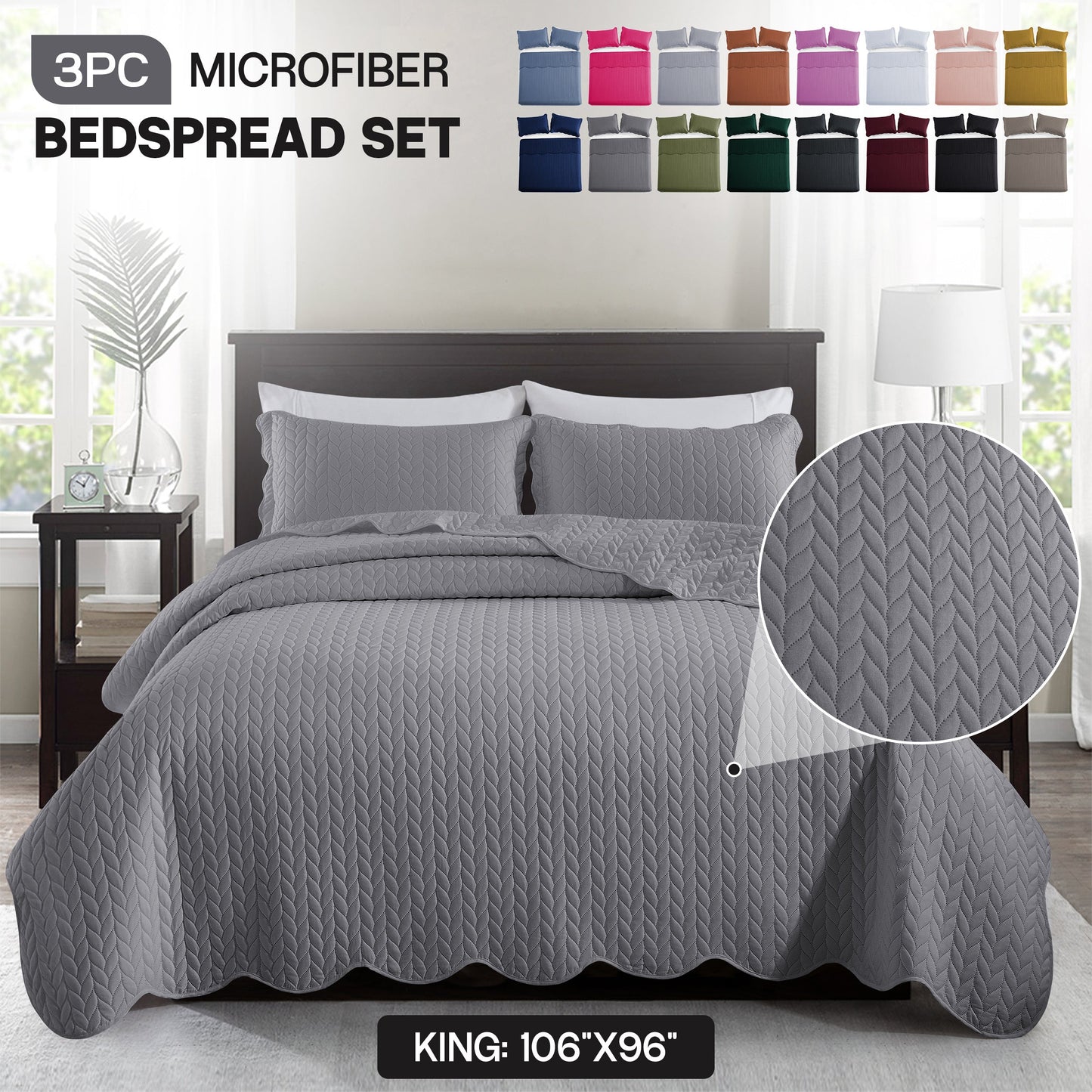 Chevron-Texture Three-Piece Bedspread Set in 16 Colors with Twin, Queen-Full, King and California King Sizes