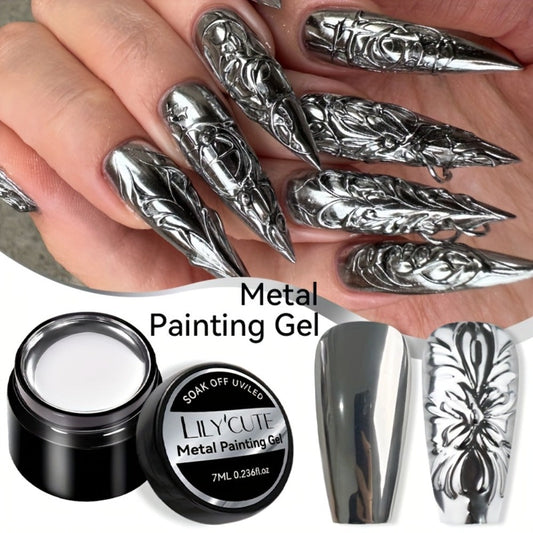 Mirror Metallic Nail Art Painting Gel with Built-In Brush 0.24oz — Metal Effect UV LED Soak Off Silver Chrome Line Drawing Flower Geometric DIY Home Salon Manicure Women Nail Artists