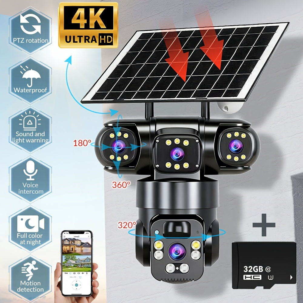 Security Camera 4K Triple-Lens Solar PTZ Model with 10X Zoom, 8000mAh Battery and 32GB Bundle Option