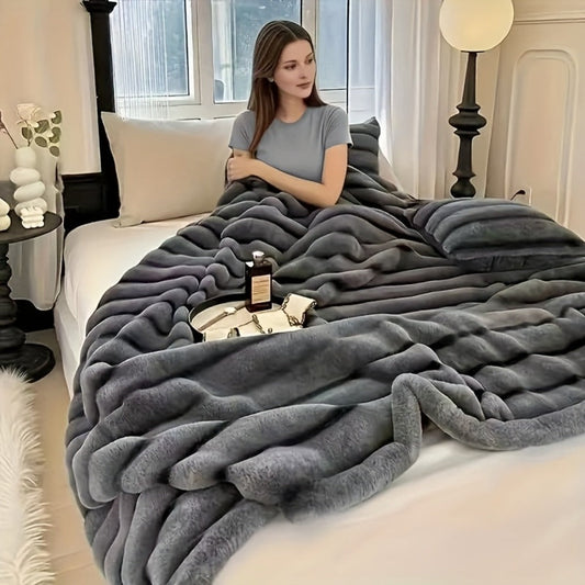 Double-Layer Faux Rabbit Fleece Blanket – 450-500gsm Thickened Soft Warm Throw for Bed, Couch & Travel, All Season, 3 Colors, 5 Sizes