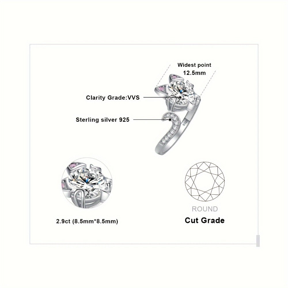 Adjustable Ring - Cat 925 Sterling Silver Love Cat with 3ct Round Cut Zirconia - Elegant - product detail view 12