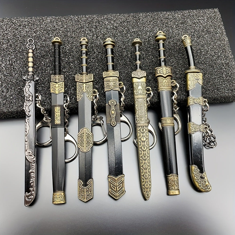 Seven-Piece Miniature Metal Sword Replica Set with Sheaths, Keychains and Ancient-Inspired Display Designs