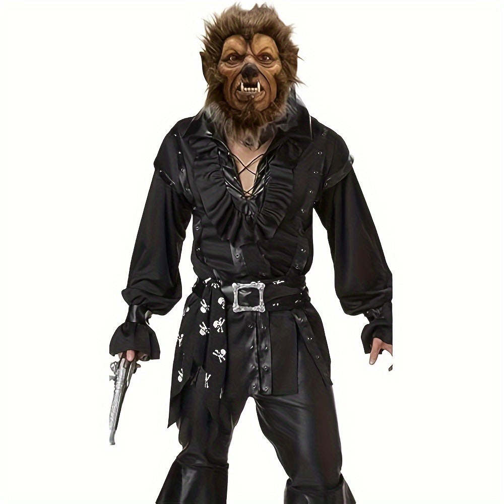 Hairy Brown Beast Costume Mask with Full-Head Creature Face, Pointed Ears and Faux-Fur Surround