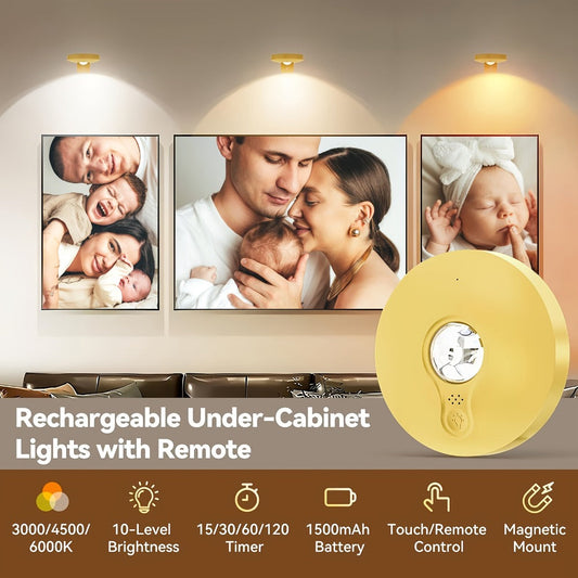 Picture Lights for Wall Rechargeable – Magnetic LED Art Display Light with Remote 3 Color Temperatures Dimmable Timer Golden Finish – 3-Pack & 6-Pack