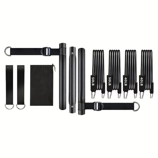 3-Section Pilates Bar Kit – 4 TPE Resistance Bands (40-50 lbs), 2 Ankle Straps & Storage Bag for Legs, Hips, Waist & Arm Yoga Stretching Fitness