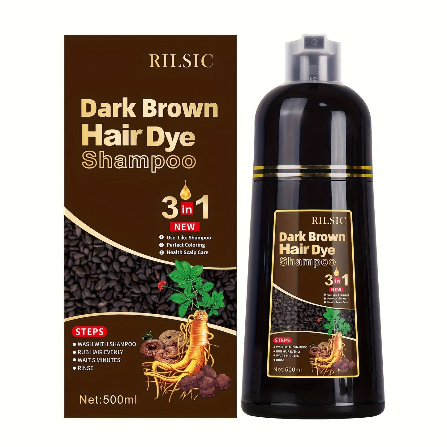 Hair Color Shampoo, RILSIC 3-in-1 500ml Pump Bottle with Black, Brown, Chestnut and Dark Brown Options