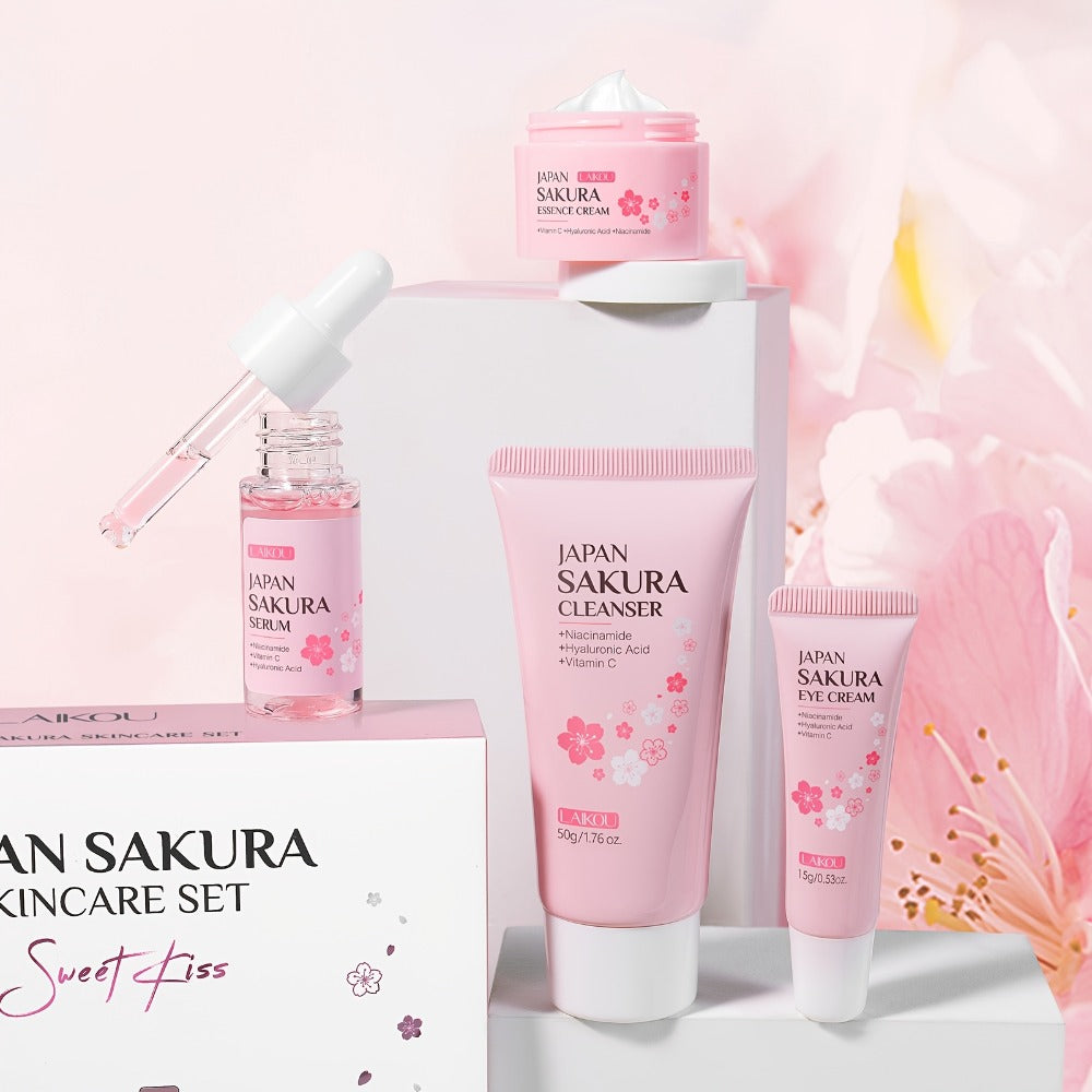 4-Piece Sakura Skincare Gift Set with Cleanser, Serum, Essence Cream and Eye Cream in Coordinated Pink Packaging