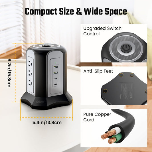 Surge-Protected Power Tower 13-in-1 with Wireless Charger, 9 AC Outlets & 4 USB Ports (2 USB-C PD18W), 1080J Surge Protector, 8ft Extension Cord – Multi-Color for Home Office Dorm