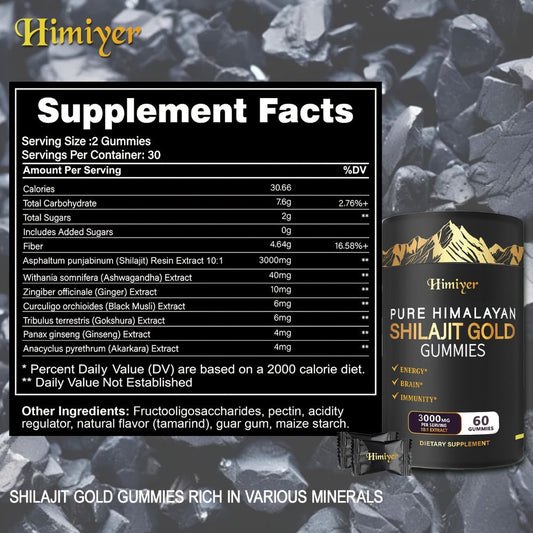 Pure Himalayan Shilajit Gummies with KSM-66 Ashwagandha, Ginseng & Gokshura – 85+ Trace Minerals, 75% Fulvic Acid | No Added Sugar | Energy & Vitality Supplement for Men & Women | 1 or 2 Bottles