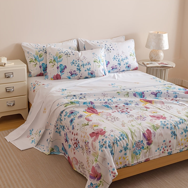 Four-Piece Floral Polyester Sheet Set with Fitted and Flat Sheets, Two Pillowcases and Four Sizes