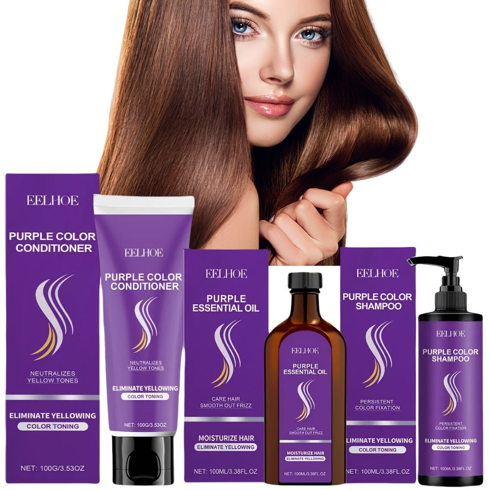 Three-Piece Purple Hair Care Set with Shampoo, Conditioner and Coordinated Argan Oil Bottle