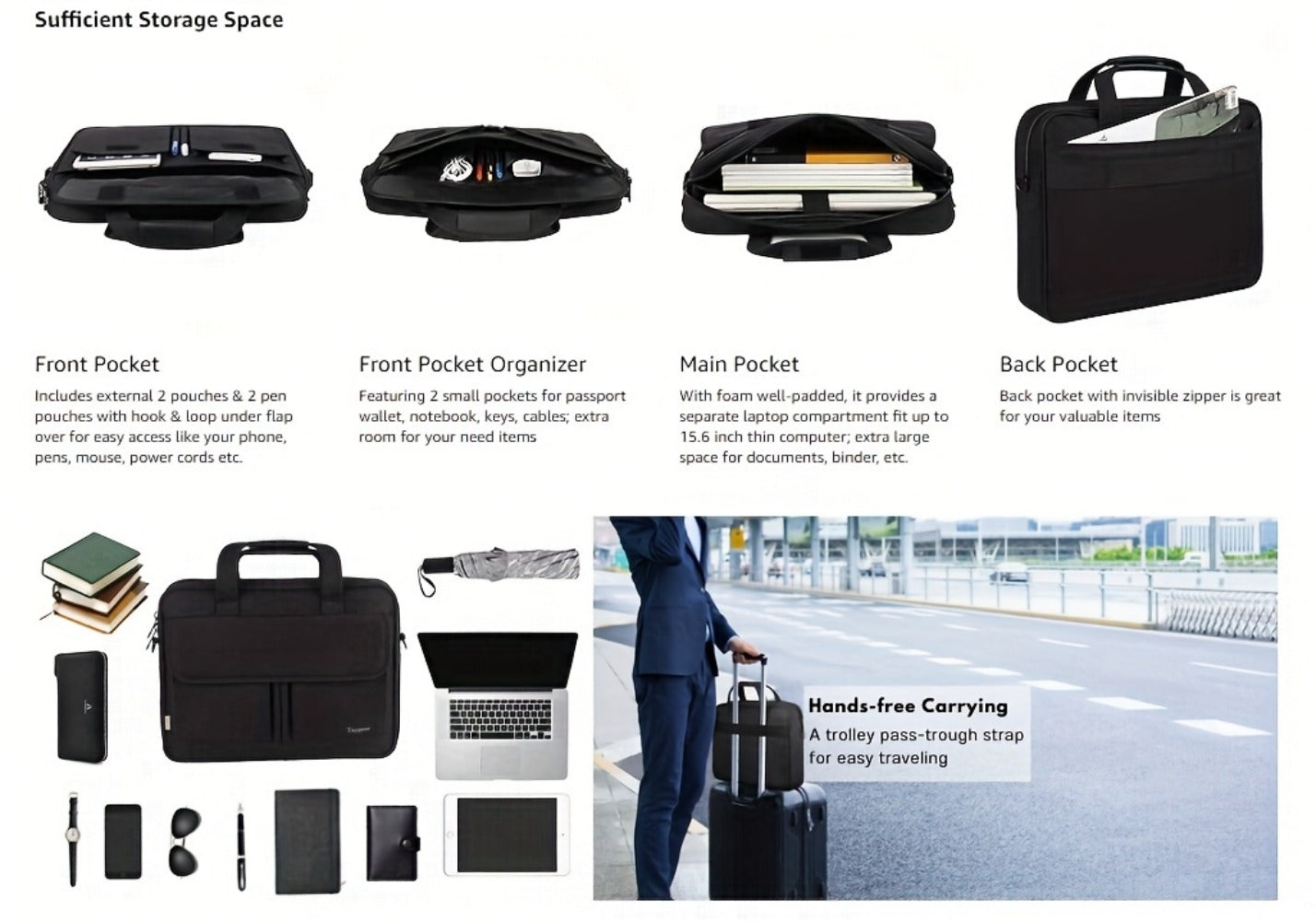 Laptop Bag 15.6-Inch Business Briefcase with Foam Sleeve, Luggage Strap & Multi-Pockets for Work & Travel