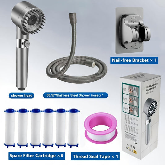 High Pressure Shower Head Set 4-Piece – Turbine Spray Wall Mounted, 3-Stage Adjustable Mode, 6 Water Filters & 68" Hose, Skin-Friendly Bathroom Shower Upgrade Kit