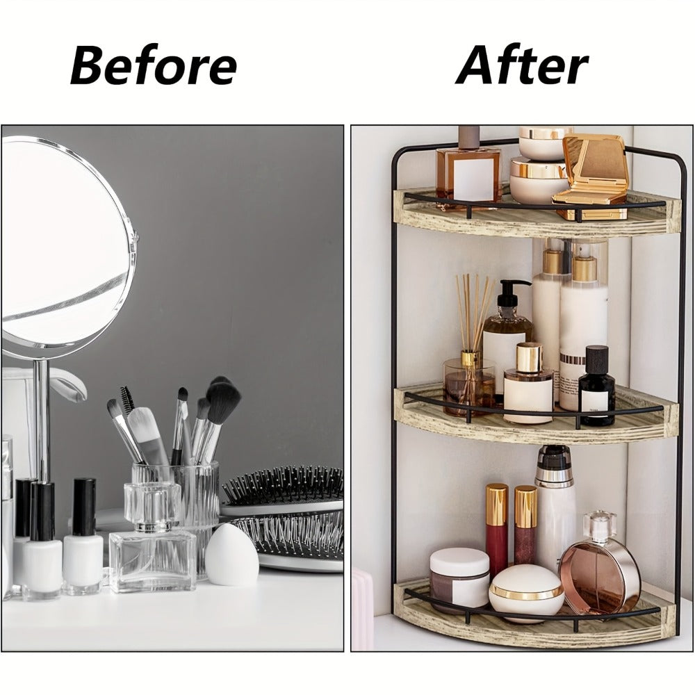 3-Layer Rustic Corner Countertop Storage Rack, 16.93" Wooden Vanity Organizer & Space-Saving Shelf for Bathroom