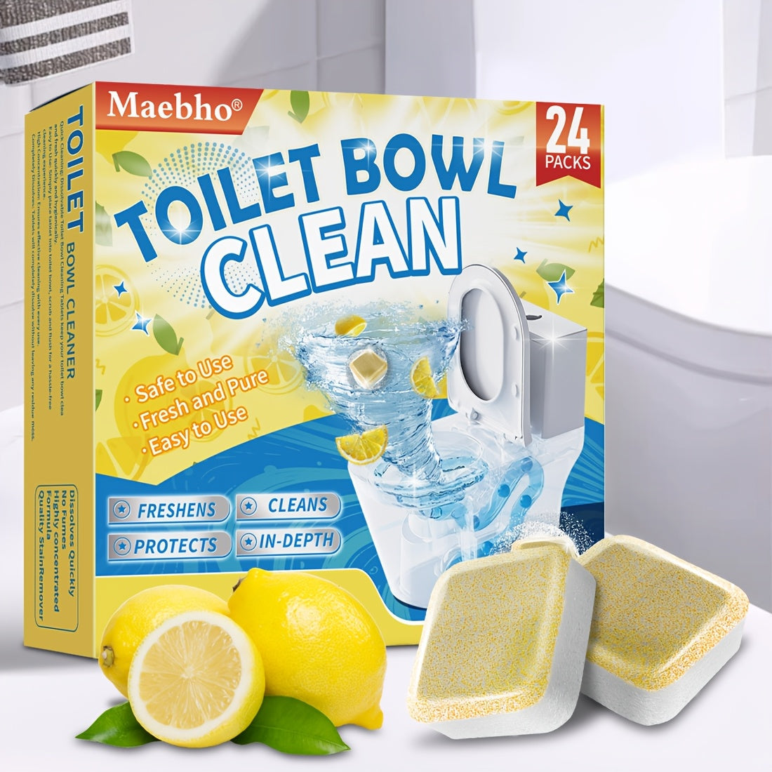 Toilet Cleaning Tablets Effervescent Lemon Scent 12/24pcs - Multi-Functional Toilet Bowl Cleaner Tablets, Stubborn Stain Remover & Deodorizer, Flushable Toilet Cleaner for Deep Clean & Fresh Bathroom