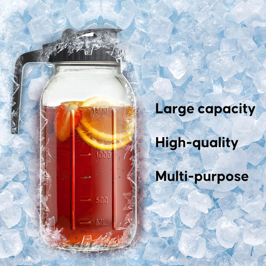 Mason Jar Pitcher 64oz Wide Mouth Glass Pitcher with Pour Spout & Handle – 2 Pack Leak Proof Iced Tea Pitcher for Fridge, Coffee Creamer, Sun Tea & Juice
