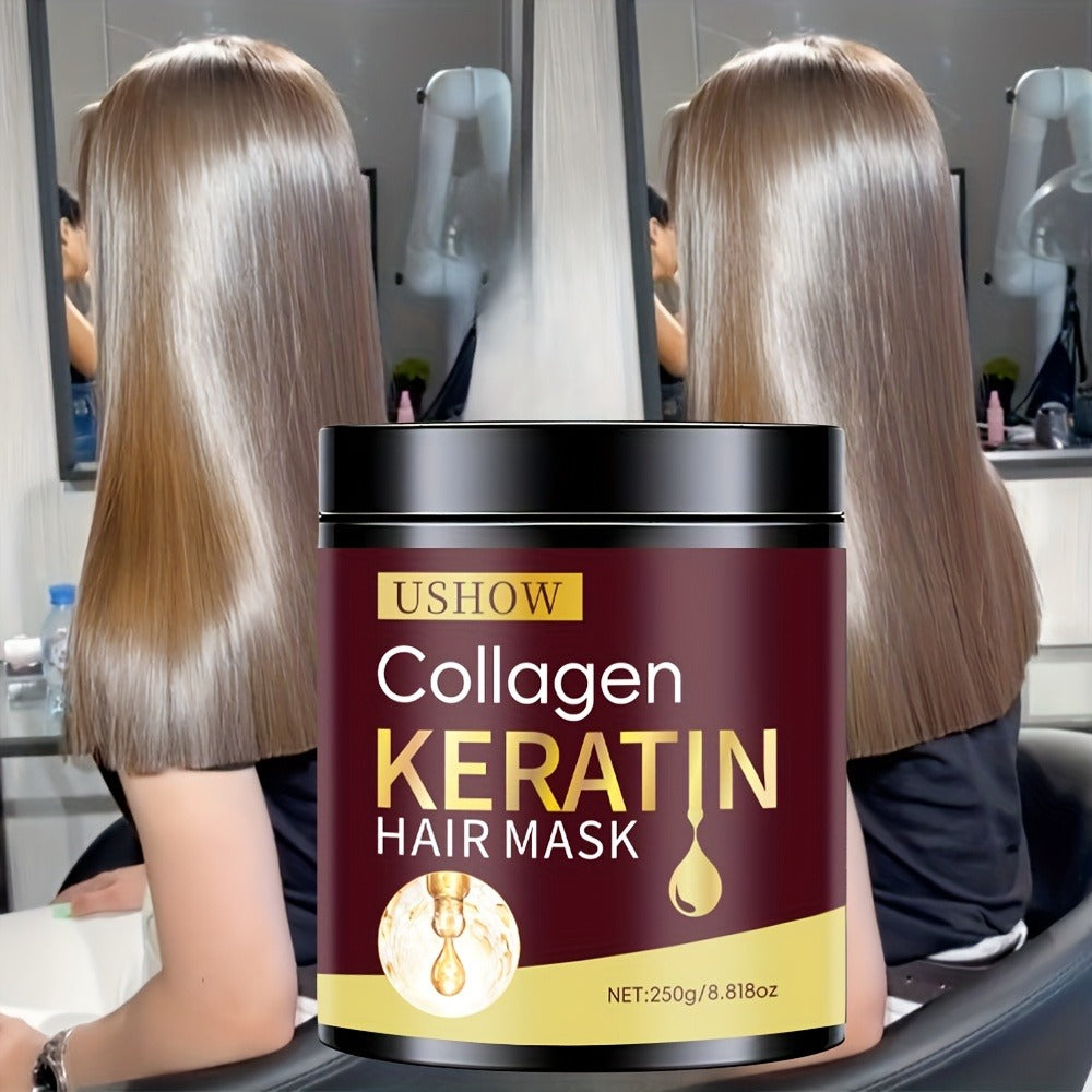USHOW 250g Collagen and Keratin Hair Mask in Round Jar with Black Screw-Top Lid and Gold-Trim Label