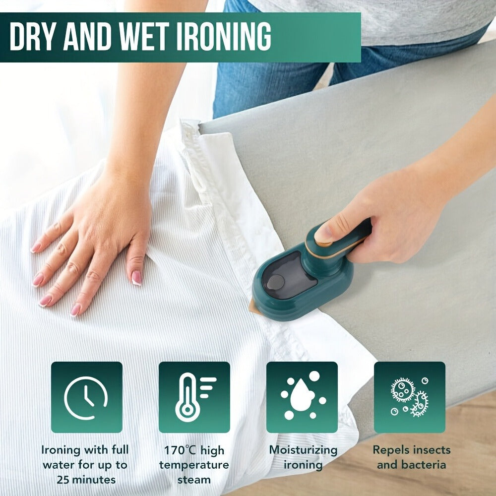 Green 33W Travel Steam Iron with 50 mL Water Tank, Rotating Handle and Dry or Steam Modes for Garments